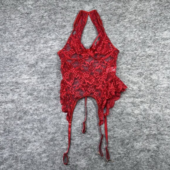 Womens Red Lace Lingerie Bodysuit XS Halter Neck Romantic Intimate Garter Straps - Picture 4 of 5